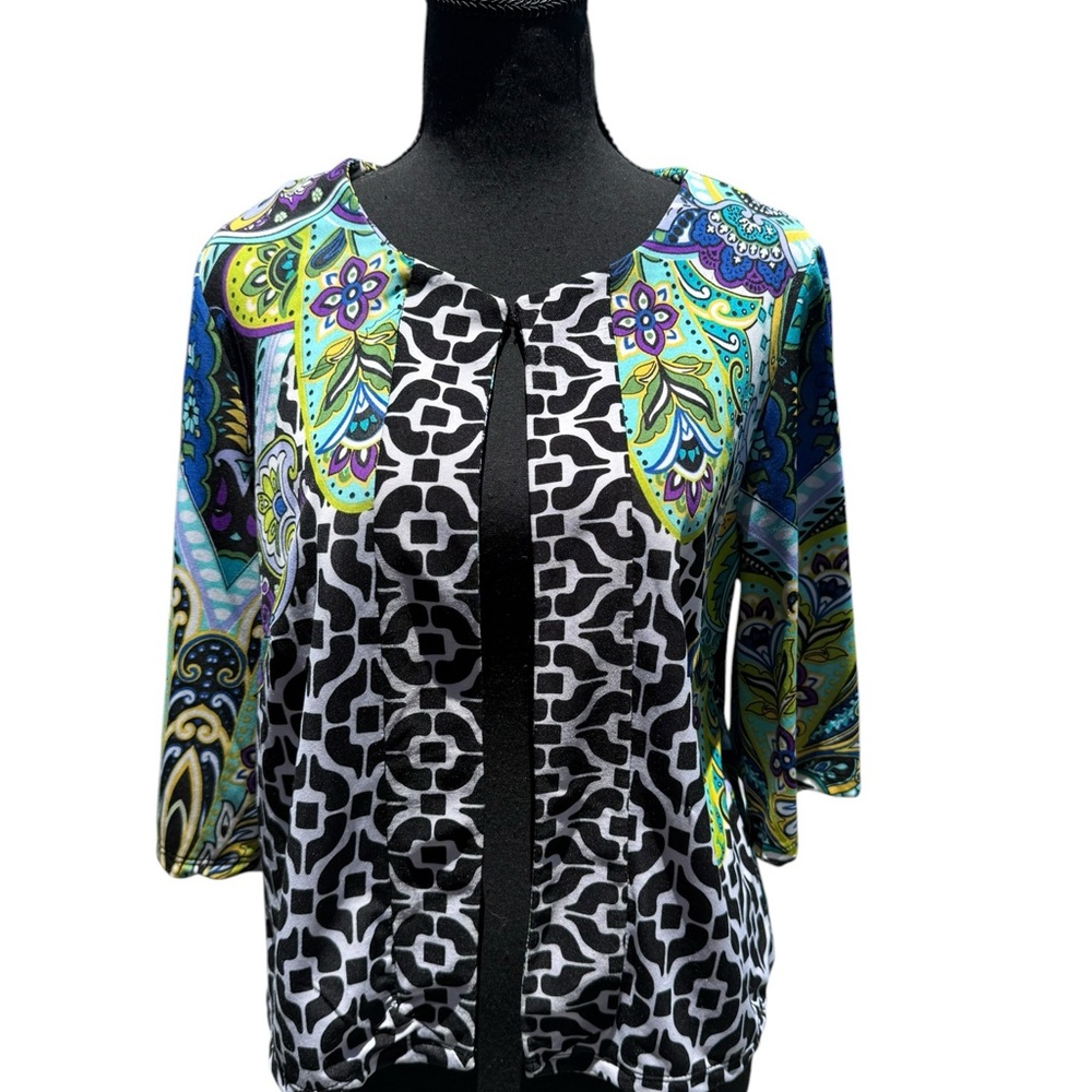 Hand Crafted Black White Geometric & Multicolor Paisley Knit Top
